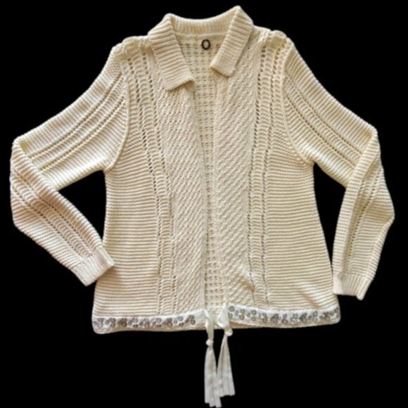 One Girl Who Open Knit Collared Cardigan Embellished Tie Front Hem  Cottagecore - Picture 5 of 12